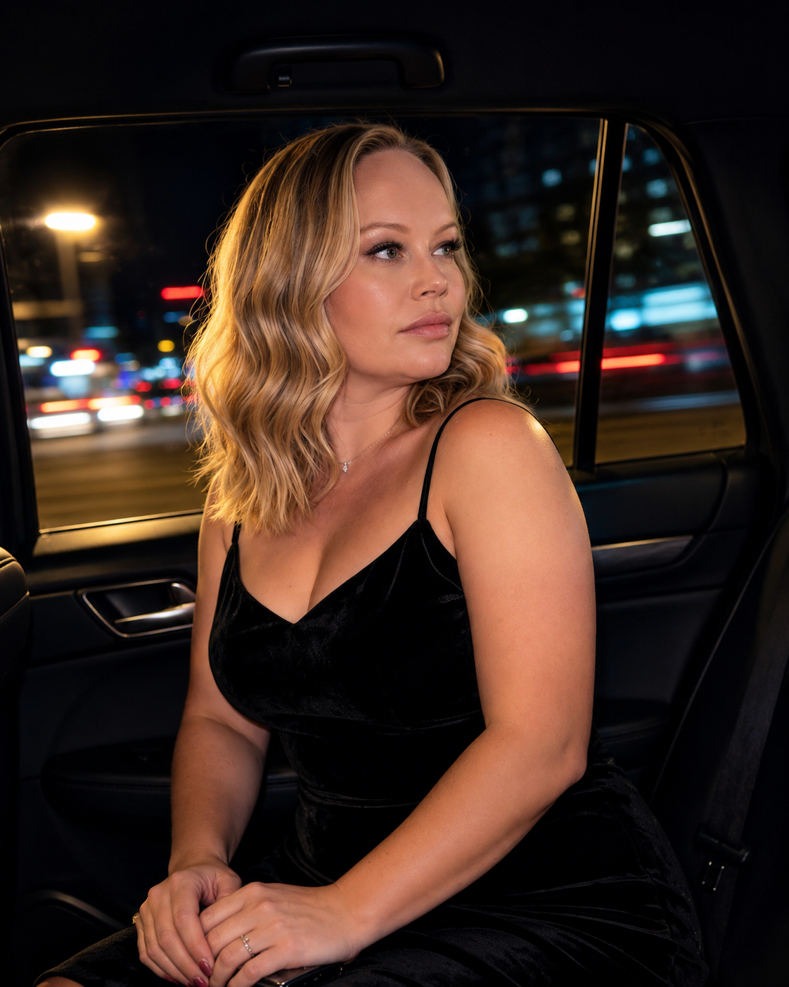 Erika travelling through the city at night